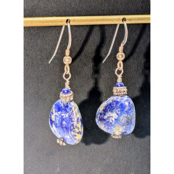 Vintage Denim Lapis Lazuli Stone 925 Sterling Silver Dangle Earrings - Picture 1 of 5